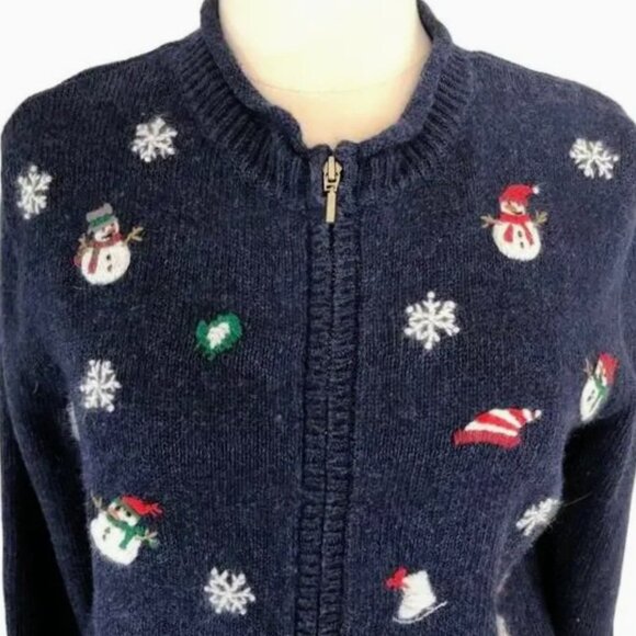 Vintage Croft & Barrow Snowman Wool Angora Embroidered Zip Cardigan Navy Size PM - Picture 2 of 9
